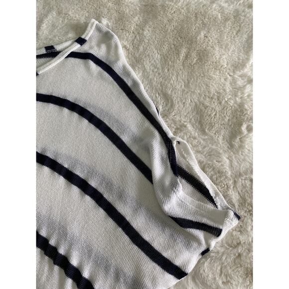 Papaya Semi Sheer Coastal Open Knit Black White Stripe Dolman 1/2 Sleeve Top Med - Picture 5 of 10